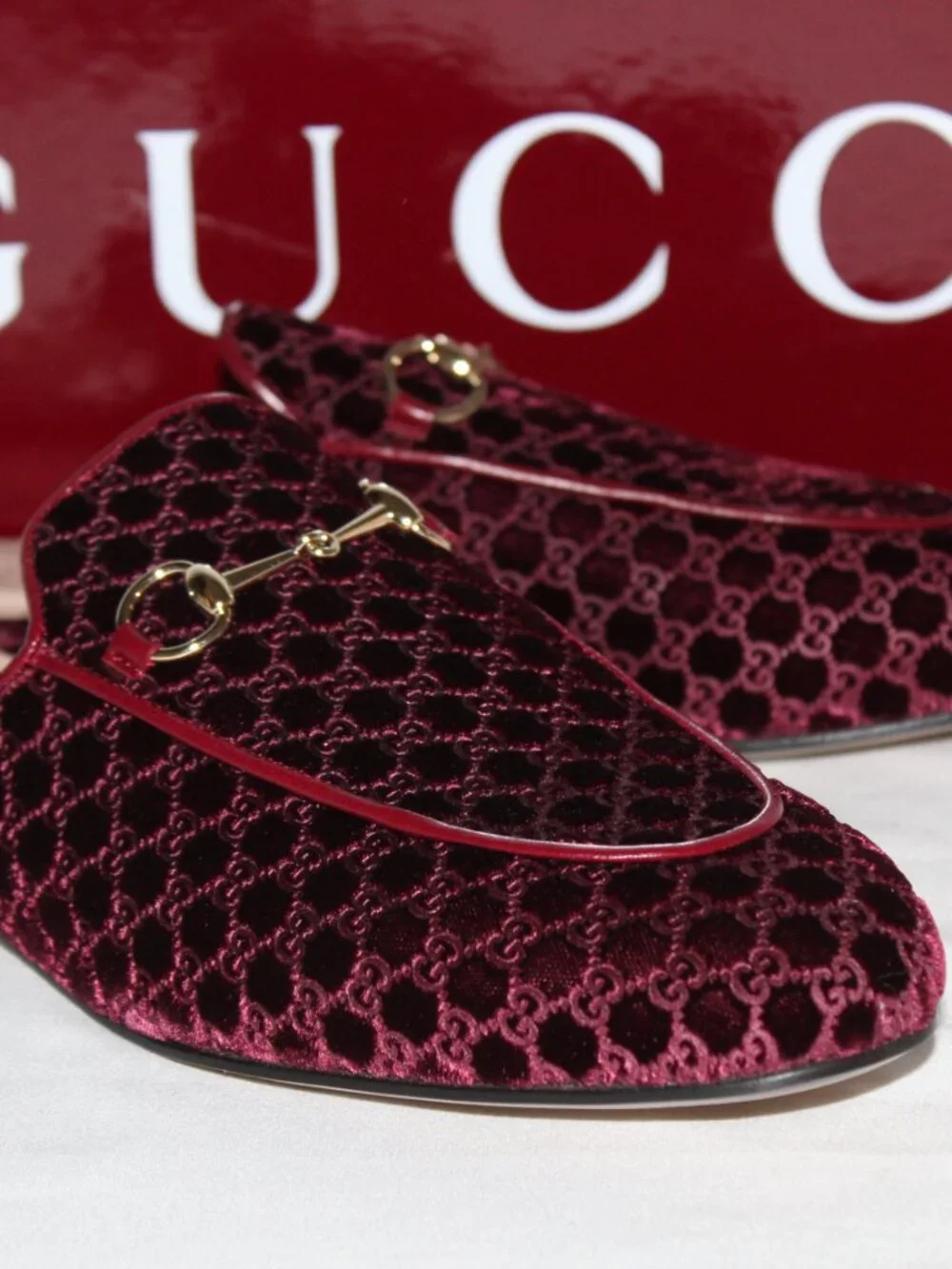 NWB Gucci Horsebit GG Velvet Mules Slip Ons Clogs Burgundy Princetown 40 802163 - Picture 4 of 6